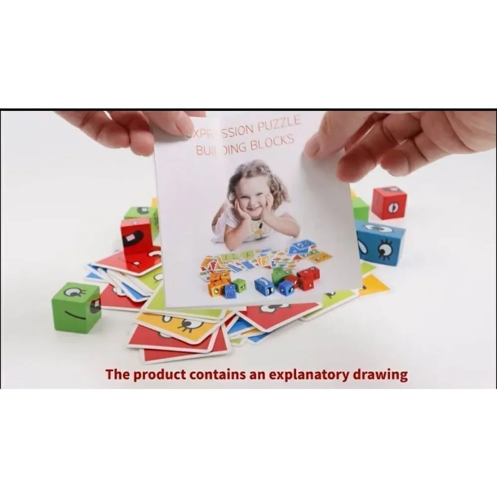 Wooden Expressions Matching Block Puzzles Building Cubes Toy Borad Games Educati